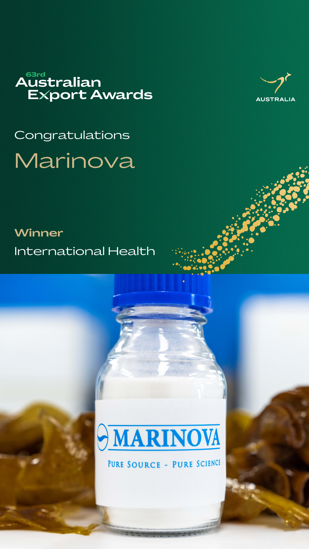 Official Export Awards winners logo alongside a jar of Marinova fucoidan. 