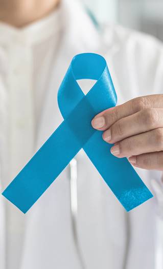 Close up of blue prostate cancer awareness ribbon