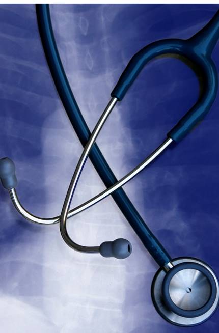 An xray of a human lung with a stethoscope sitting on top